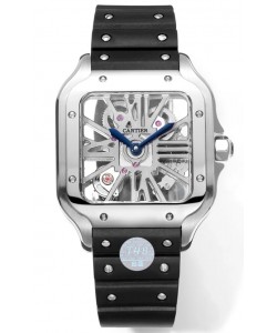 Montre Santos de Cartier avec cadran squelette - boîtier et lunette en acier inoxydable - bracelet en caoutchouc noir