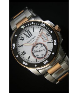 Calibre De Cartier 42mm, Cadran Noir-Boîtier deux Tons-Cadran Blanc-Montre Réplique Miroir 1:1