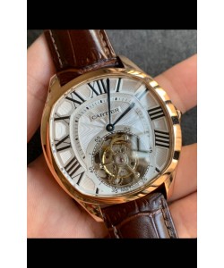 Drive De Cartier Tourbillon Réplique Montre suisse Super Clone en or jaune avec cadran blanc 