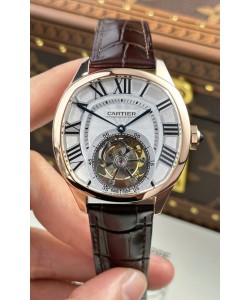 Drive De Cartier Tourbillon Réplique Montre suisse Super Clone en or rose avec cadran blanc 