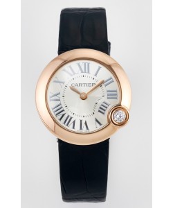 Montre Ballon Blanc De Cartier Super Clone 30MM en Or Rose Bracelet Noir