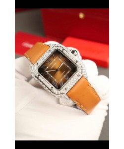 Montre Santos De Cartier avec cadran marron 39.50MM Lunette pavée MOSSANITES Réplique Suisse