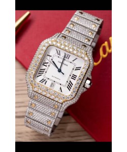 Montre Santos De Cartier avec cadran blanc MOSSANITES Pavé Edition Suisse Réplique Montre