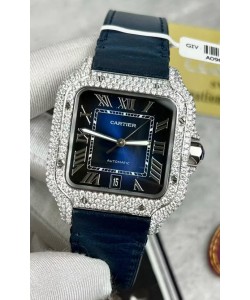 Montre Santos De Cartier avec cadran bleu et lunette pavée MOSSANITES 39.50MM Réplique Montre Suisse