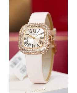 Montre Coussin de Cartier en or rose, réplique suisse, bracelet blanc