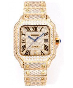 Cartier « Santos De Cartier » en or jaune avec diamants, cadran romain, réplique miroir 1:1 - 40 mm - diamants authentiques