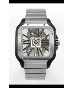Montre Santos De Cartier super clone avec cadran squelette et boîtier en acier brossé revêtement DLC