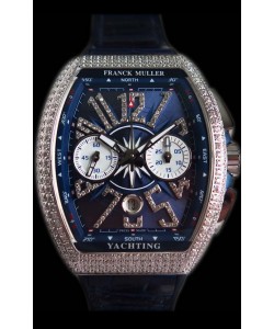 Franck Muller Vanguard montre suisse chronographe en acier 904L cadran bleu avec diamants 