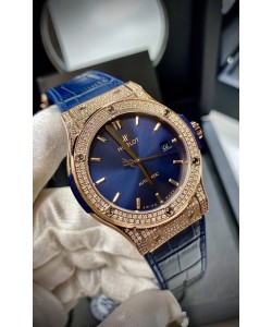 Hublot Classic Fusion Diamants Or Rose Acier Cadran Bleu Réplique Montre Suisse 1:1