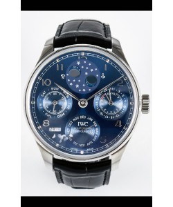 Réplique montre IWC Super Clone Portugaise Calendrier Perpétuel Acier Inoxydable Cadran Bleu 
