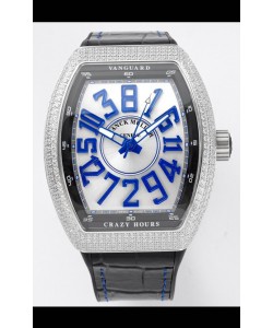Franck Muller Vanguard Crazy Hours en acier inoxydable diamants - Cadran blanc Réplique Suisse 