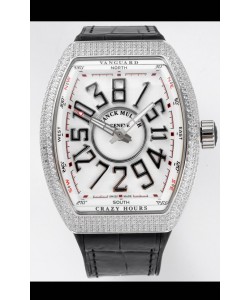 Franck Muller Vanguard Crazy Hours en acier inoxydable diamants - Cadran blanc Réplique Suisse 