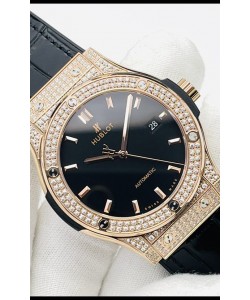 Hublot Classic Fusion Diamants Or Rose Cadran Noir Réplique Montre Suisse 1:1 Qualité Miroir 