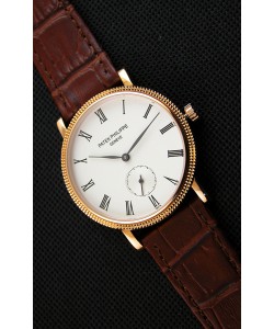 Montre Patek Philippe Calatrava Homme Japonaise Boîtier Jaune Or avec Bracelet Marron
