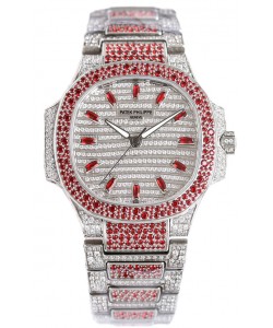 Patek Philippe Nautilus 7118R 35MM 1:1 Montre pavée de diamants rouges en boîtier acier 