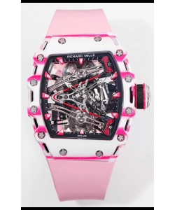 Richard Mille RM38-02 Carbone blanc/rose Bubba Watson Mouvement tourbillon en caoutchouc rose Réplique miroir 1:1