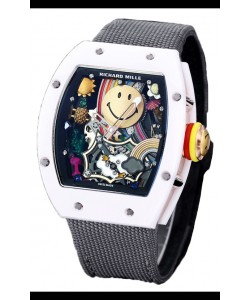Richard Mille RM088 Smiley Tourbillon Boîtier Céramique Blanc Bracelet Nylon Gris Réplique Montre 