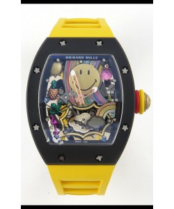 Richard Mille Super Clone RM088 Smiley Tourbillon Black Ceramic bracelet en caoutchouc montre