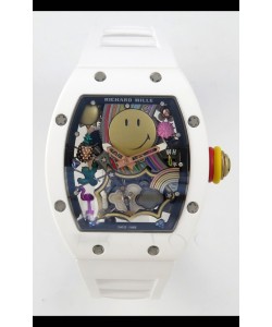 Montre Richard Mille Super Clone RM088 Smiley Tourbillon en céramique blanche avec bracelet en caoutchouc