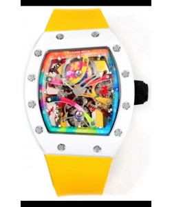 Richard Mille Super Clone RM68-01 Boîtier Céramique Blanche Tourbillon Bracelet Jaune Réplique Suisse