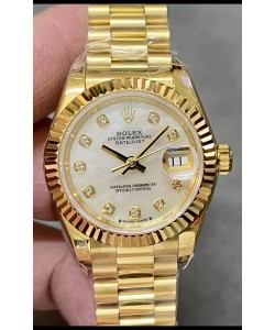 Rolex Datejust Super Clone Cadran Perle Boîtier Or Jaune 28 mm