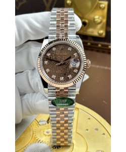 Rolex Datejust Super Clone Cal.3235 Cadran informatique marron Boîtier en or rose bicolore 36 mm