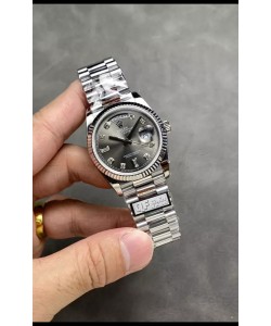 Rolex Day Date Super Clone en acier inoxydable Cadran gris Chiffres en diamants 36MM - Montre réplique 1:1