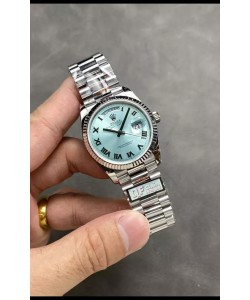 Rolex Day Date Super Clone en acier inoxydable cadran bleu glacier chiffres romains 36MM - Montre réplique 1:1