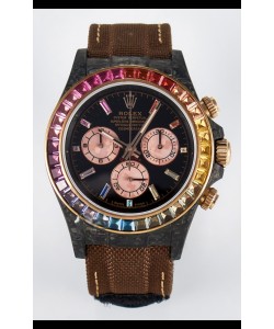 Rolex Daytona Super Clone DiW Carbon Edition Lunette arc-en-ciel - Boîtier carbone forgé Bracelet kaki Réplique 1:1 