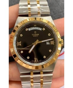 Montre Tudor Royal Edition - Réplique 1:1 dans un boîtier bicolore - Cadran noir à diamants 